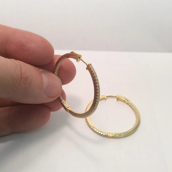 YELLOW  Solid 925 Sterling Silver POLISHED  HOOPS CZ EARRINGS 1 1/2'' - Picture 6 of 7